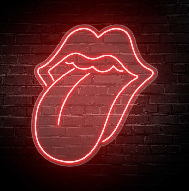 NeonLED | Rolling Stones Sinal néon vermelho em forma de boca com língua em parede de tijolos