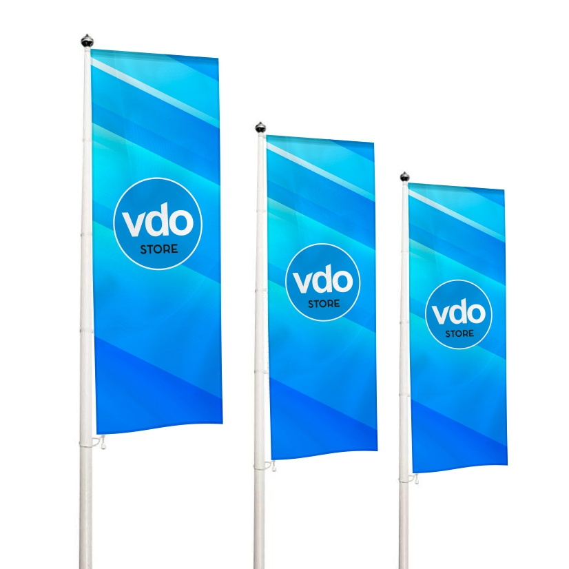 Mastro Braço Giratório | Rebatível Três bandeiras azuis verticais com logótipo vdo STORE em mastros brancos