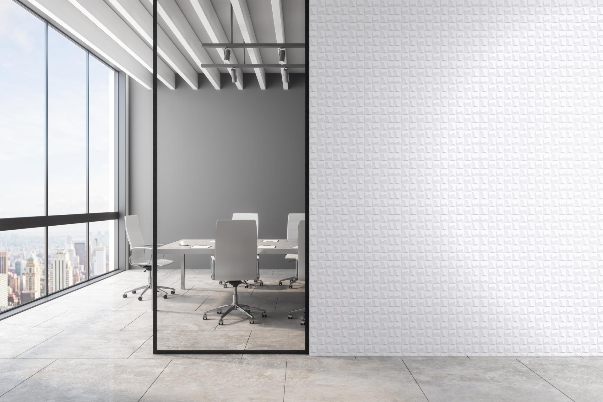 019 sala de escritório moderna com cadeiras brancas e parede de vidro