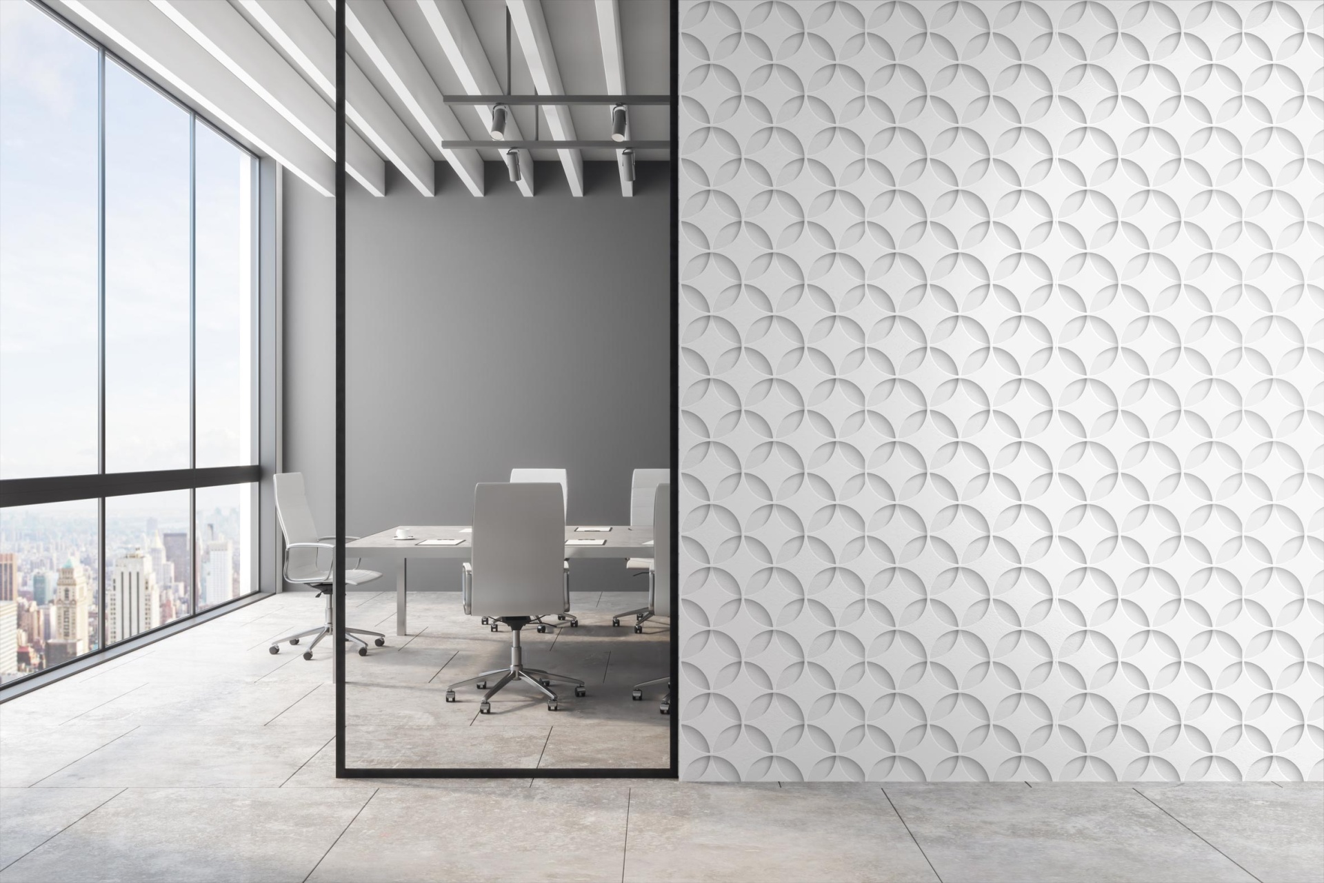 007 Escritório moderno com paredes cinzentas e branca padrão circular, cadeiras e mesa de reuniões brancas, janela panorâmica