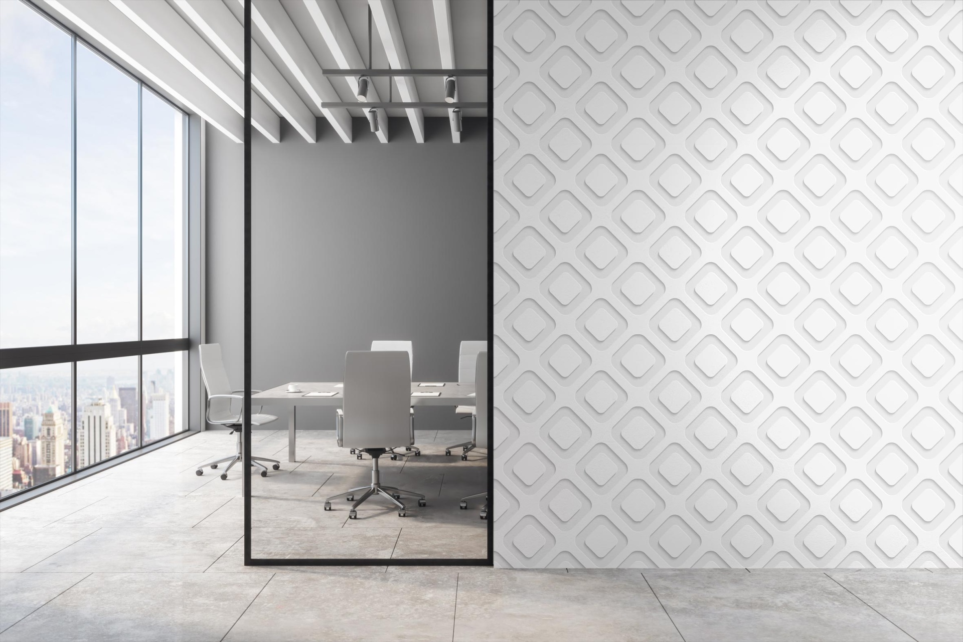 001 parede 3D geométrica branca ao lado de divisória de vidro com sala de reuniões ao fundo