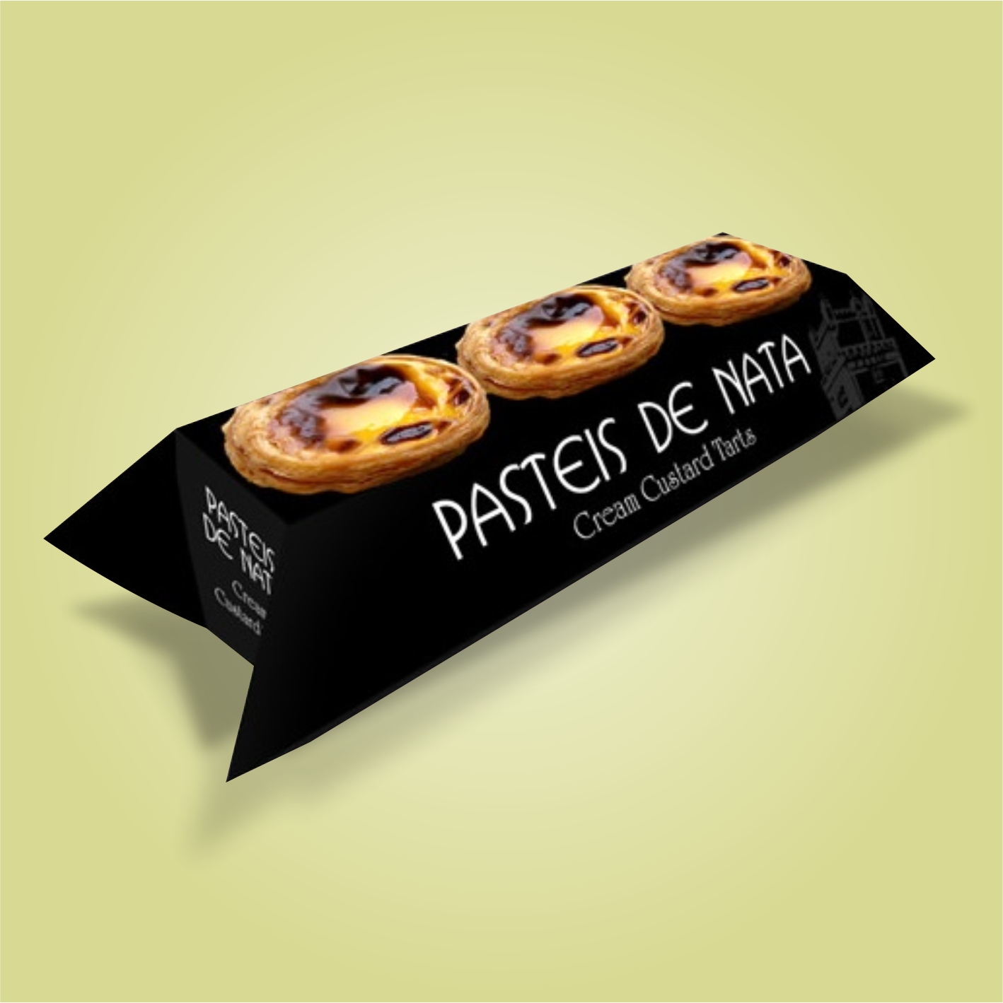 Caixa Personalizada | 6 Pastéis de Nata Embalagem preta com três pastéis de nata e texto 'PASTEIS DE NATA Cream Custard Tarts'