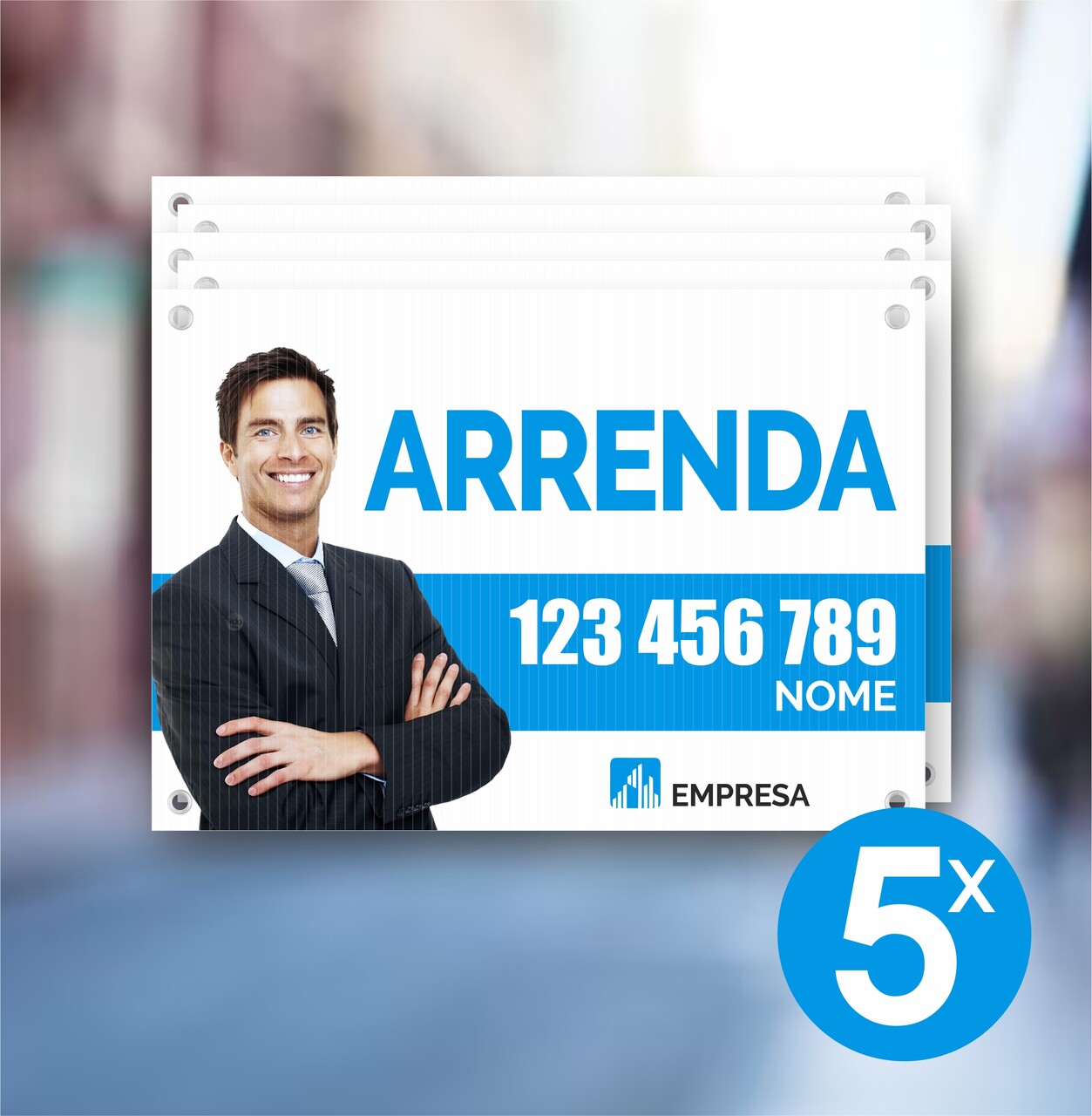 Placa Imobiliária | ARRENDA 70x50cm | 5 unidades Placas para arrendamento com texto e imagem de homem em fato