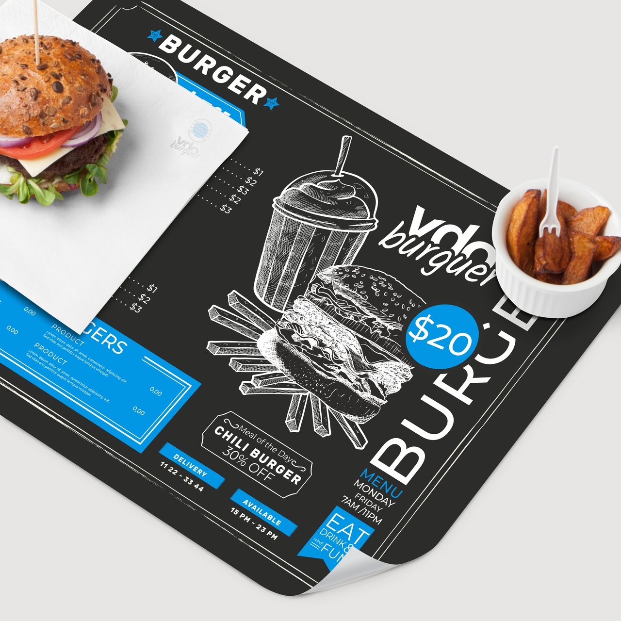 Individuais de Mesa | Papel Mesa com placemat decorativo de hambúrguer, hambúrguer e taça com batatas fritas.