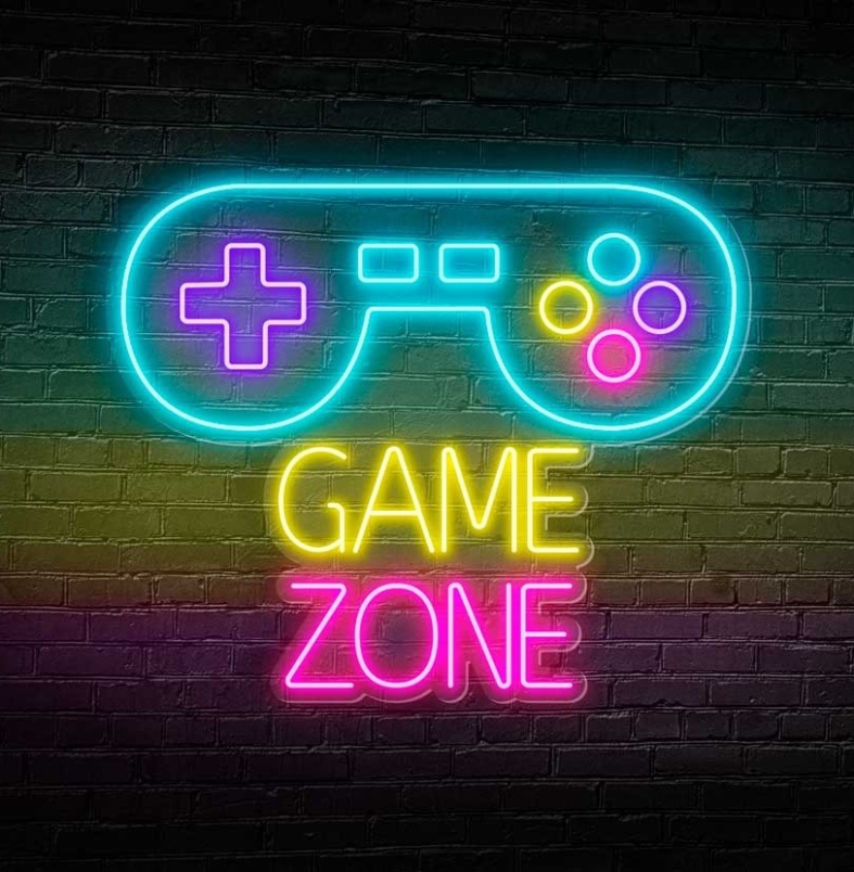 NeonLED | Game Zone Sinal de néon com comando de videojogos e texto 'GAME ZONE' numa parede de tijolos
