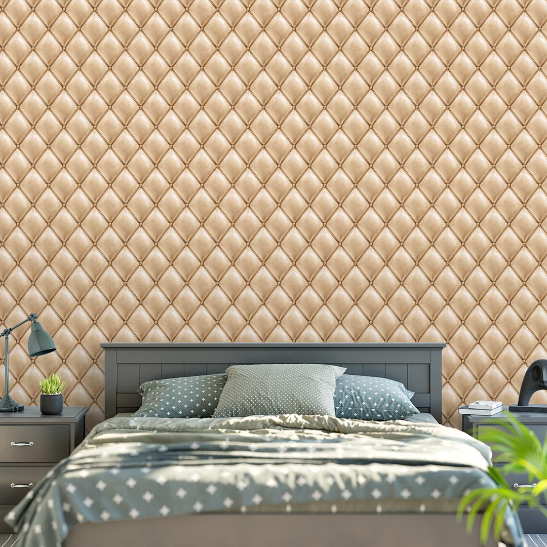 004 Quarto com cama de casal e parede com padrão acolchoado cinzento-bege