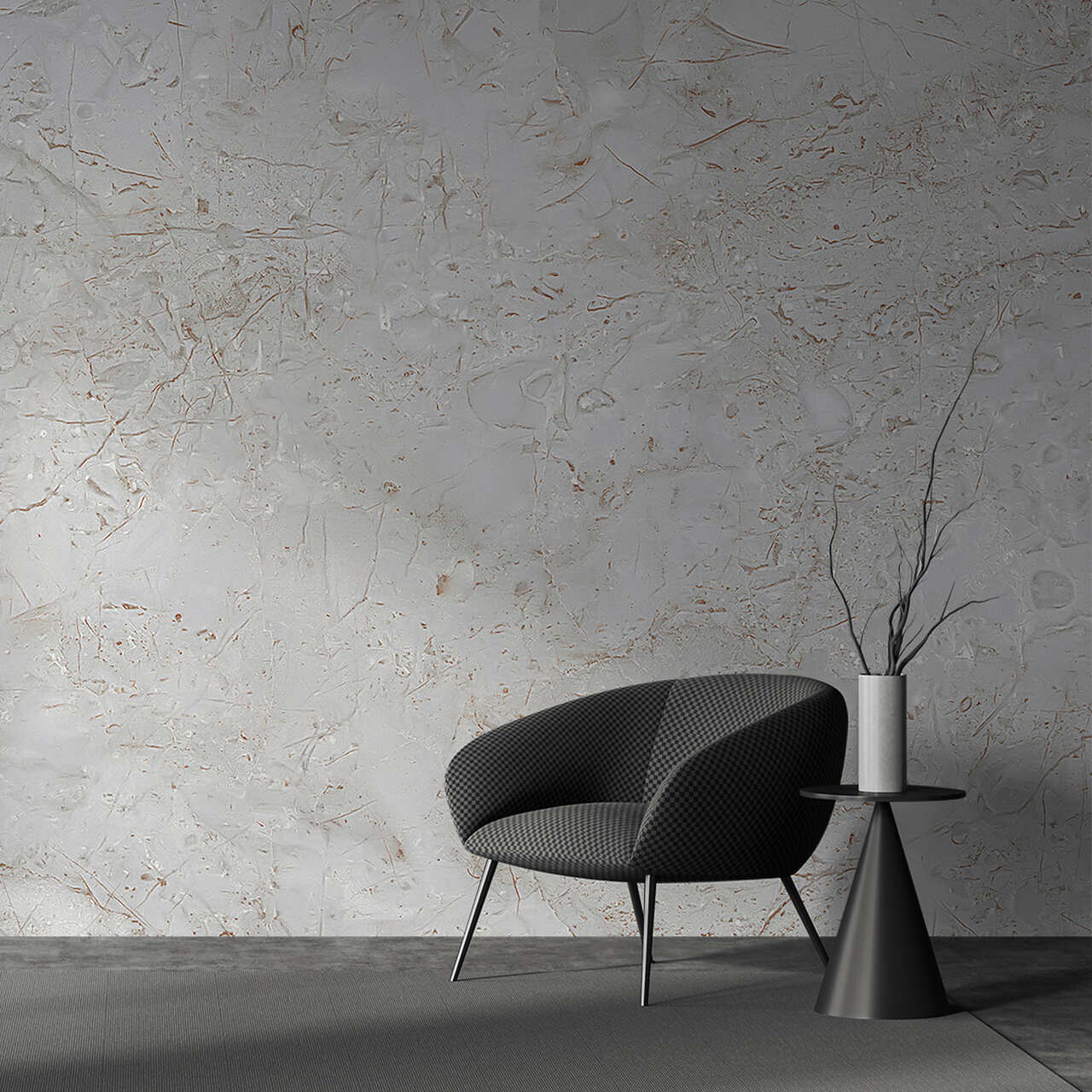 004 cadeira cinzenta escura moderna com mesa lateral preta e vaso branco com galhos