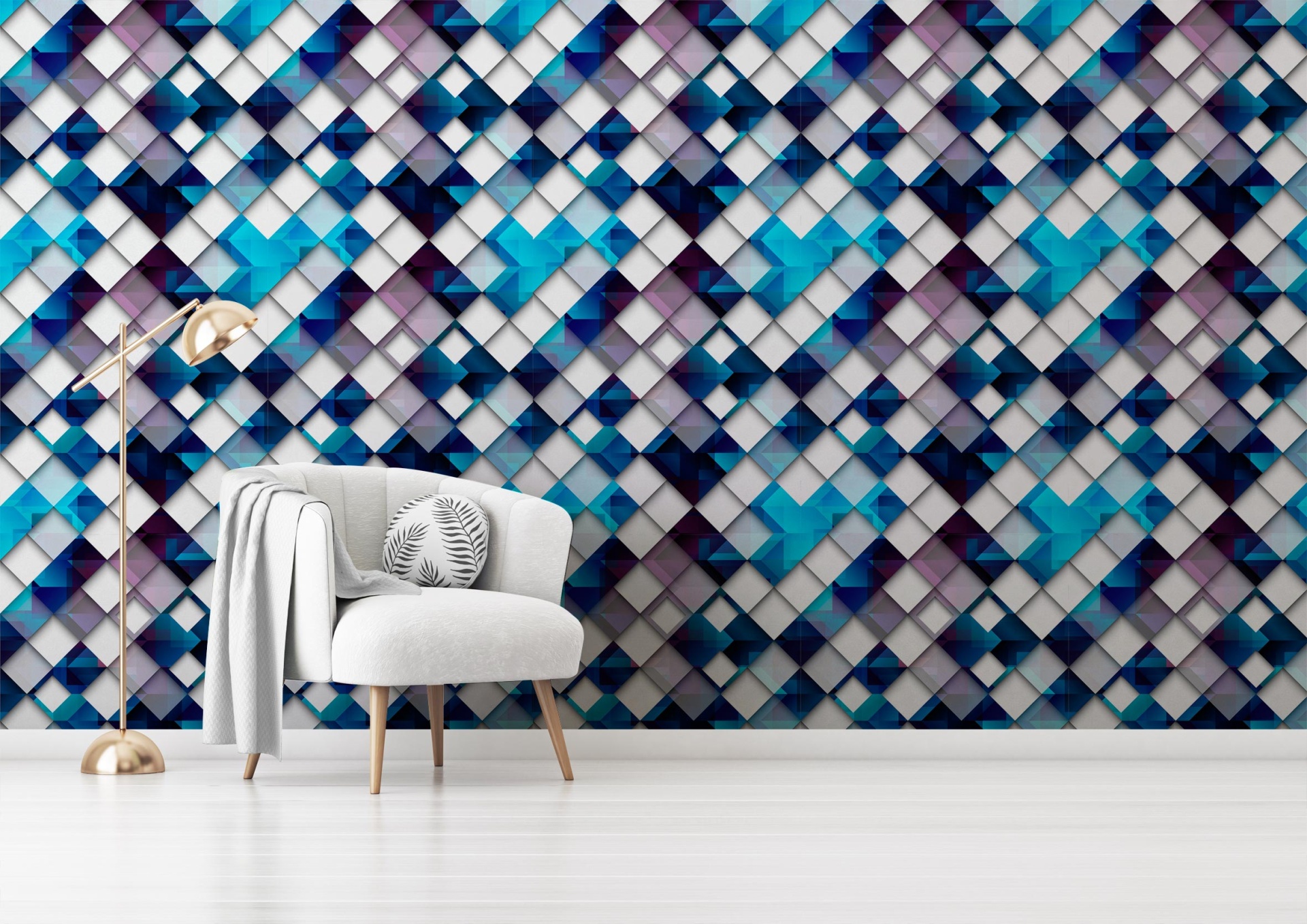 018 Parede padrão geométrico azul cinzento branco com poltrona branca e candeeiro de pé dourado