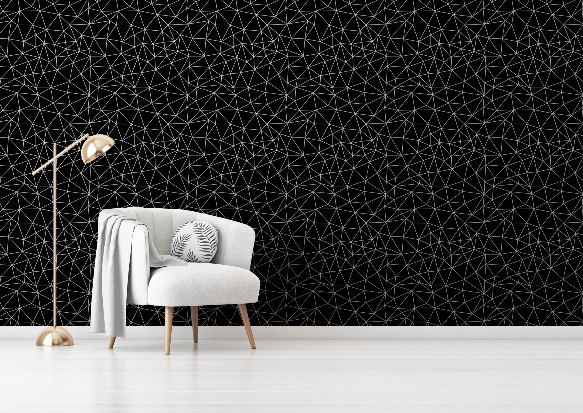 012 Parede com papel de parede preto com padrão geométrico branco, cadeira branca e candeeiro dourado
