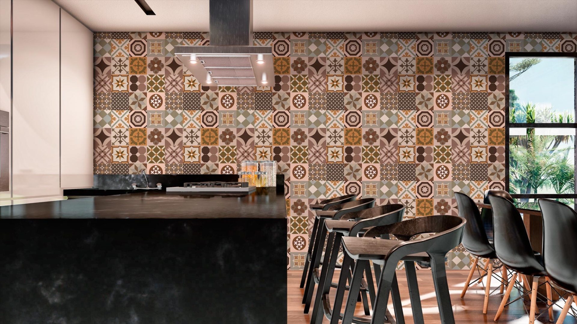 001 Cozinha com azulejos decorativos e bancada preta com bancos altos