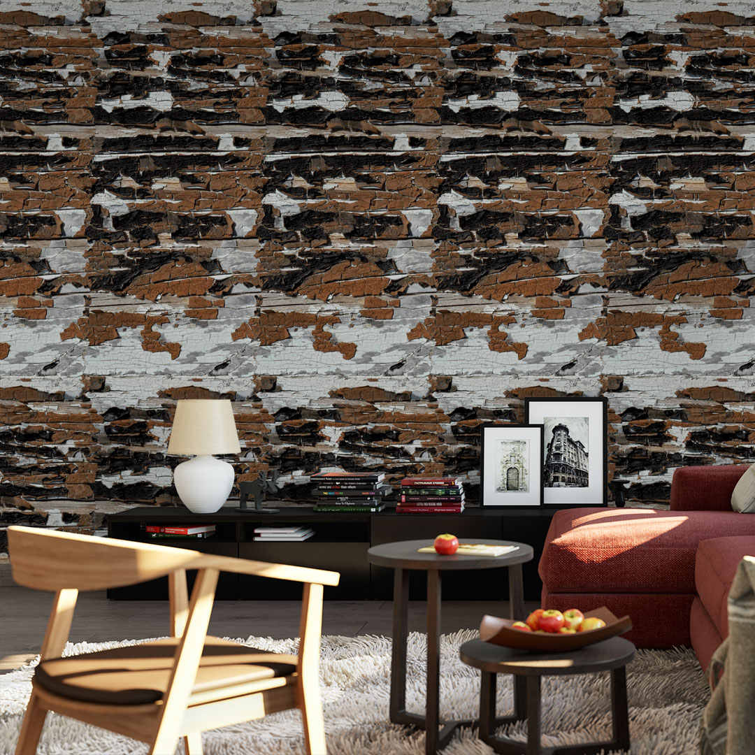 016 Sala com papel de parede abstrato castanho e mobília clara e rosa