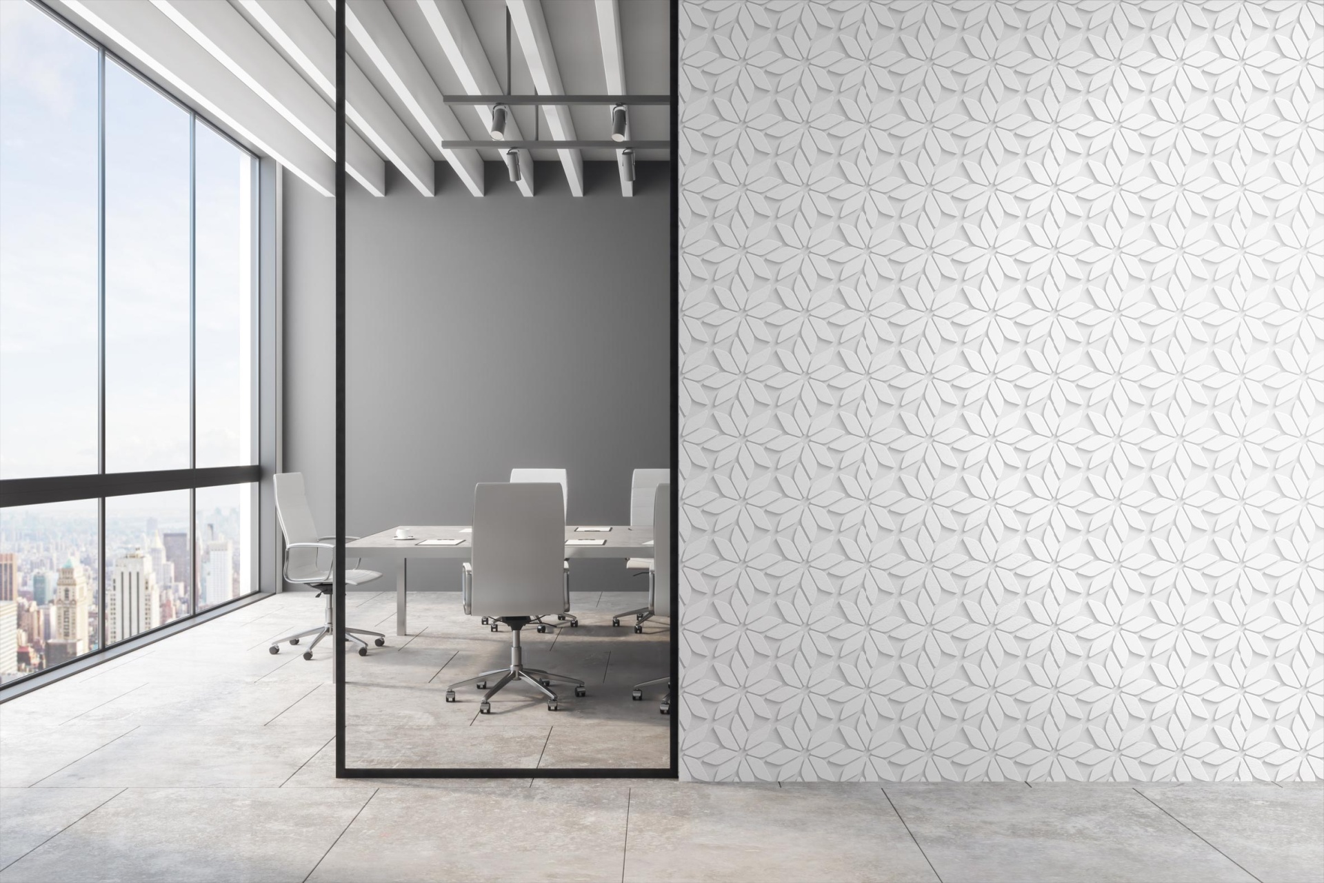 016 Sala de reunião moderna com paredes cinzentas e brancas e cadeiras giratórias brancas