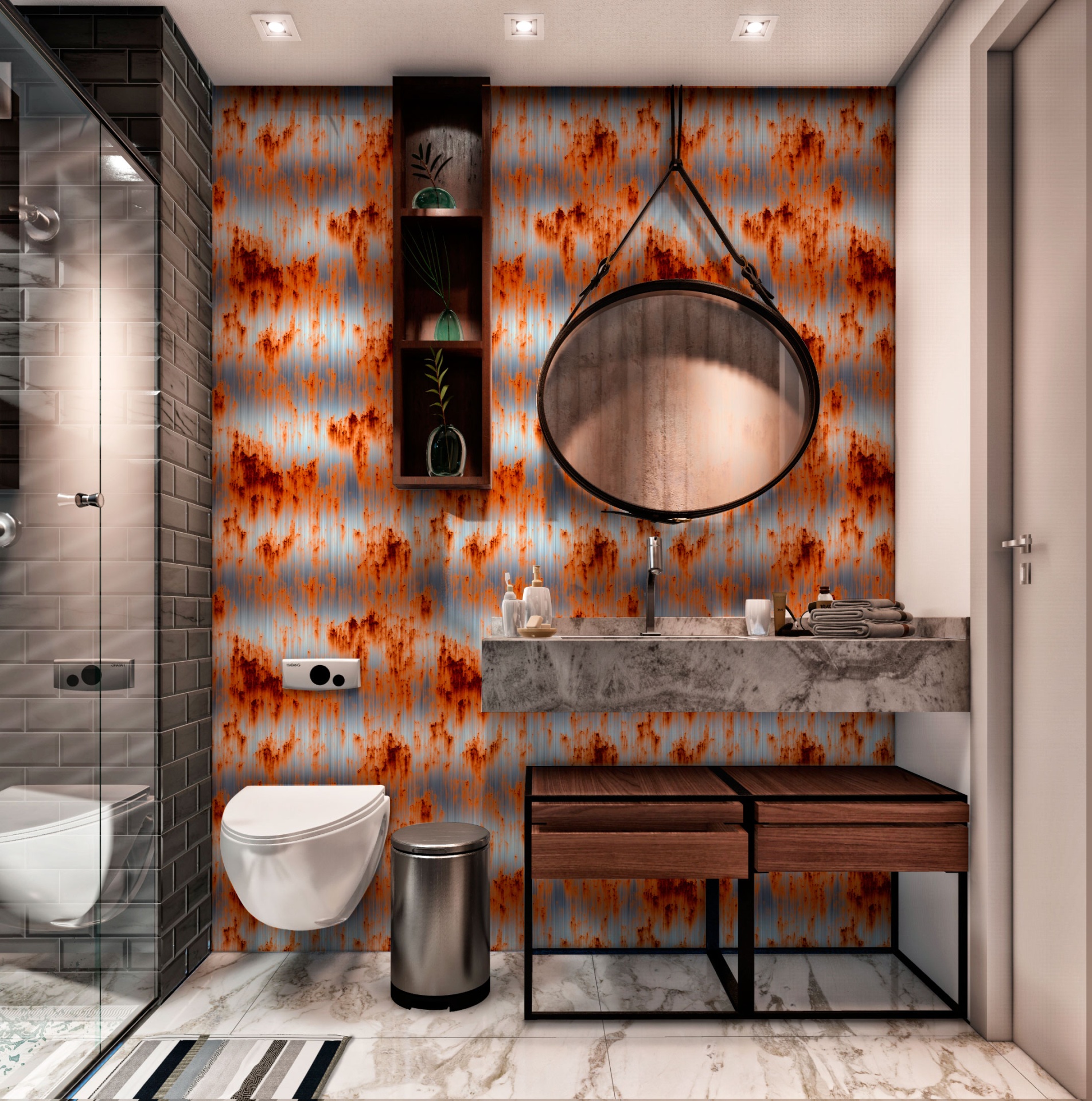 010 Casa de banho moderna com sanita suspensa, espelho redondo e bancada de mármore