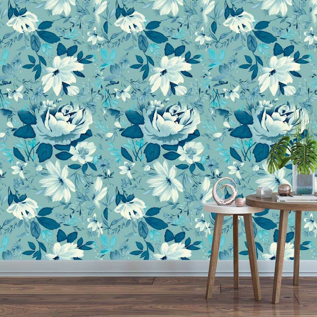 017 Papel de parede floral azul com mesas e decoração interior