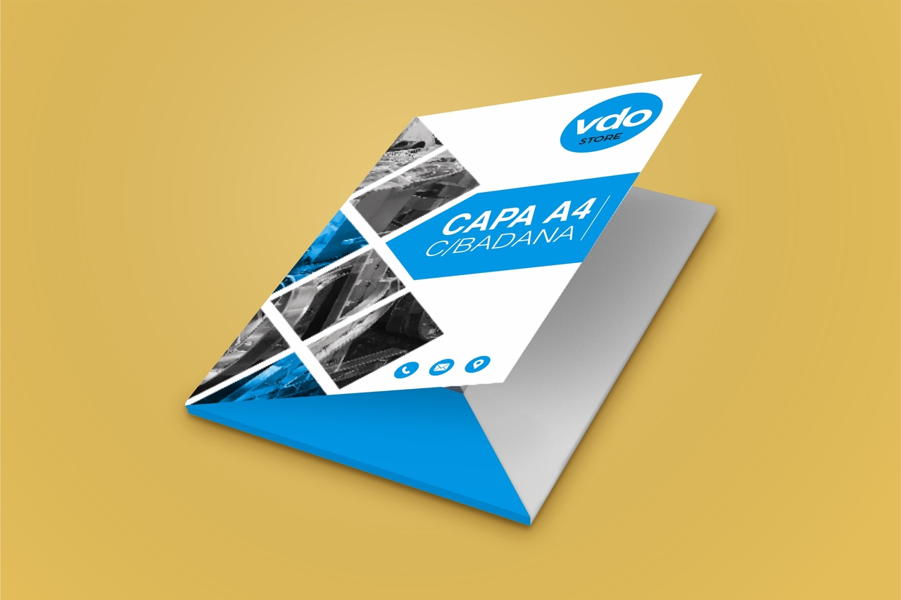 Capa Documentos A4 Pasta A4 azul e branca com texto e imagens em fundo amarelo