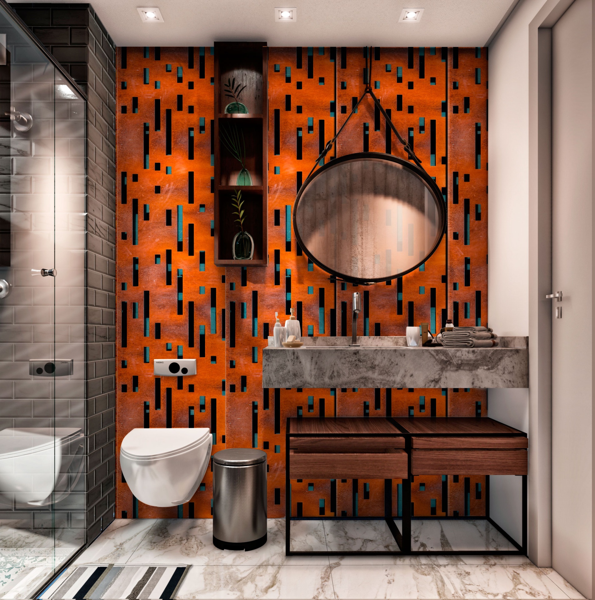 003 Casa de banho moderna com parede com azulejos laranja e espelho redondo