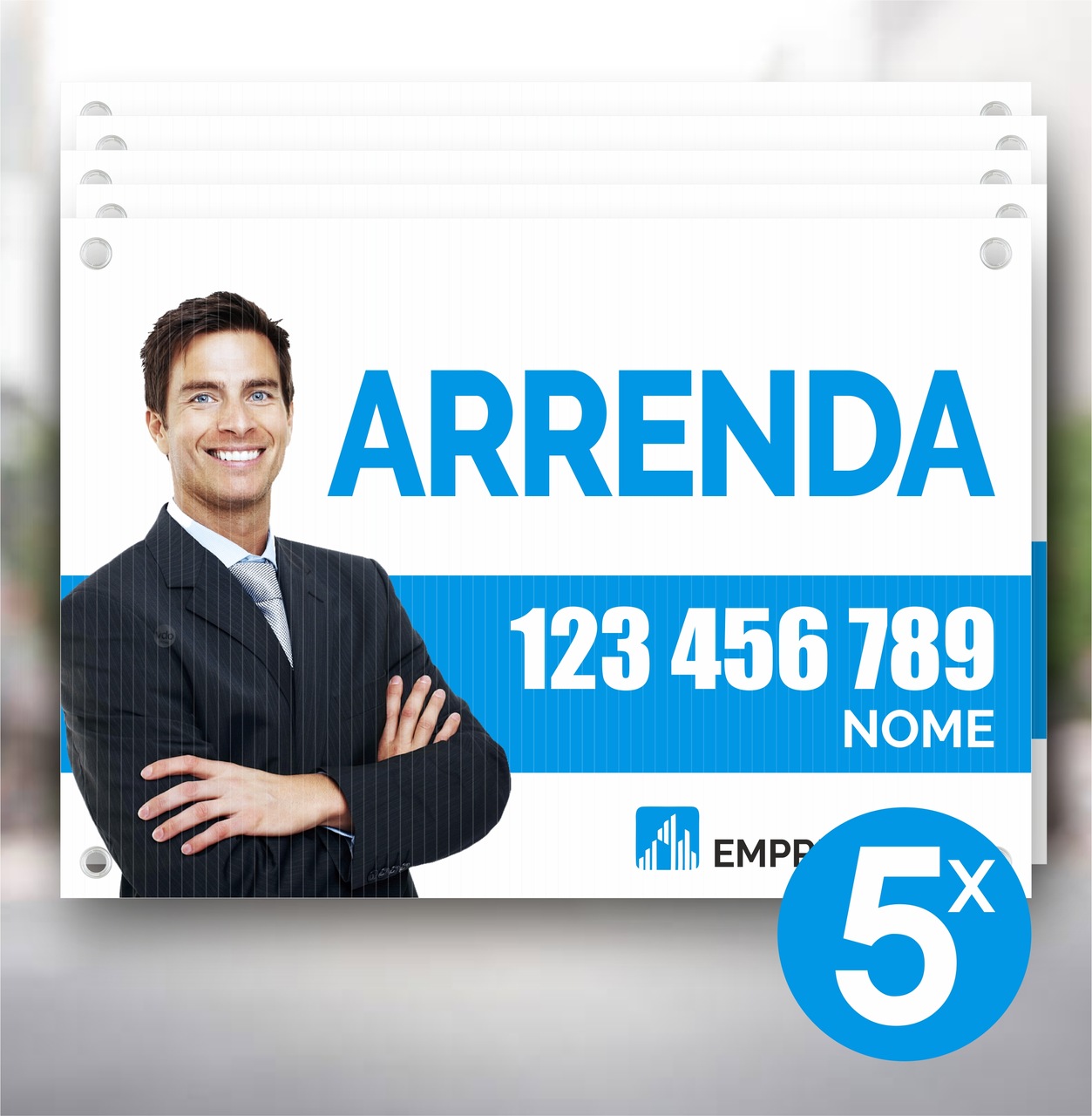 Placa Imobiliária | ARRENDA 100x70cm | 5 unidades Placa de arrendamento com texto e imagem de homem de fato azul