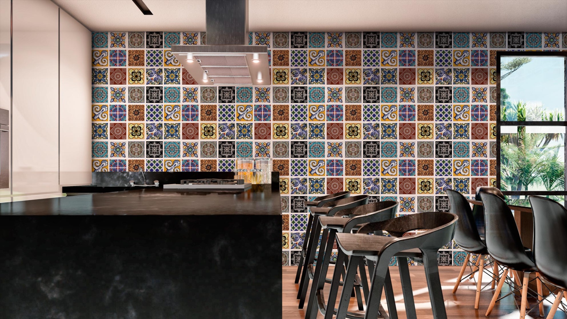 004 Cozinha moderna com bancada preta, bancos altos pretos e parede com azulejos coloridos