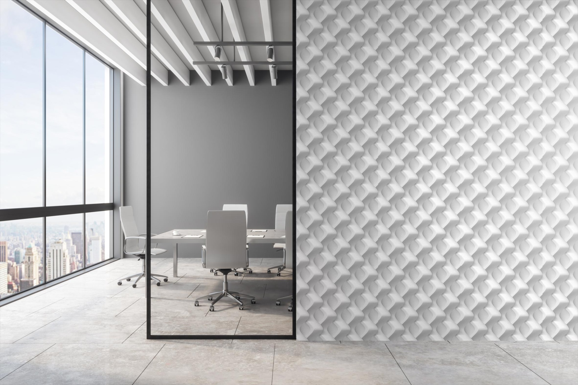 014 Parede decorativa 3D branca com padrão geométrico em escritório moderno