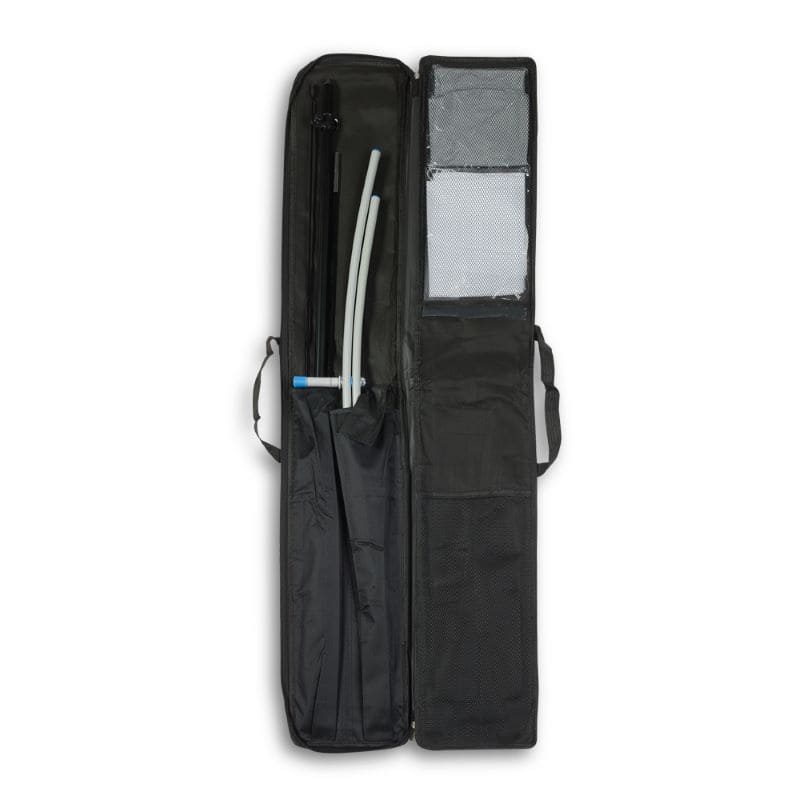 Bolsa Nylon com fecho Estojo preto aberto com tubos e compartimentos internos em rede