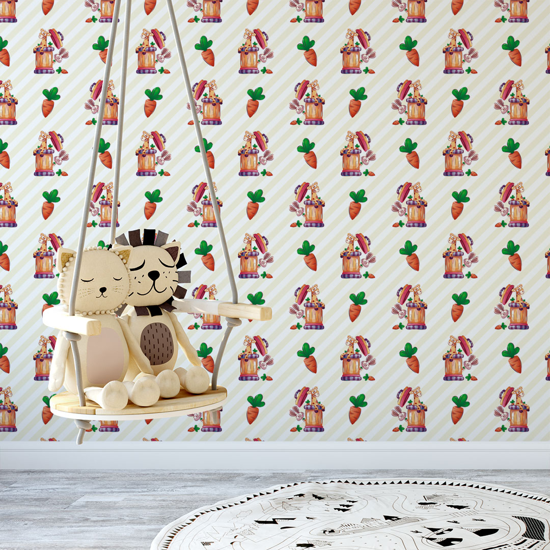 018 Cadeira suspensa de madeira com almofadas de leão e gato, papel de parede infantil com coelhos e cenouras