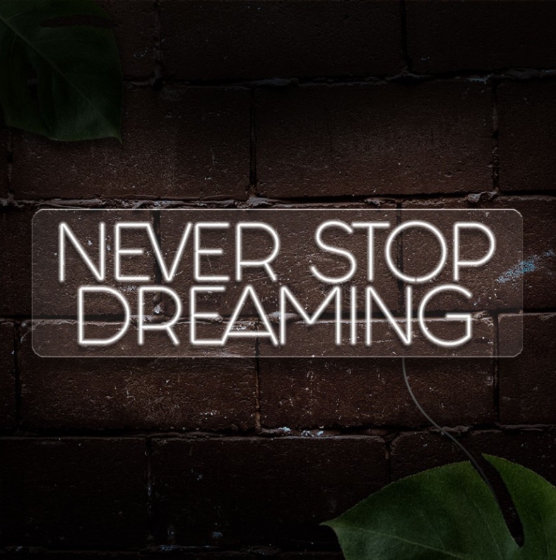 NeonLED | Never Stop Dreaming Placa de acrílico com letras em néon branco 'NEVER STOP DREAMING' na parede de tijolos vermelhos