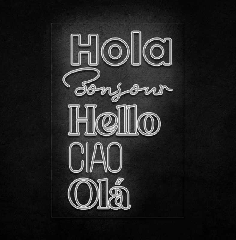NeonLED | Olá Letreiro néon com palavras de saudação em várias línguas em luz branca