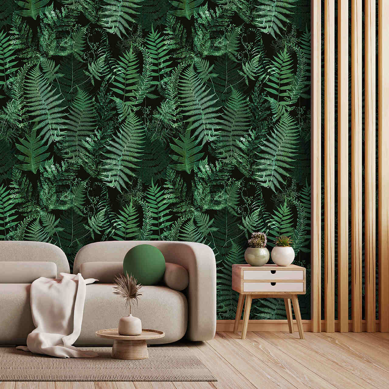 017 Papel de parede com padrão de folhas verdes, sofá bege, mesa de apoio em madeira e parede de ripas de madeira