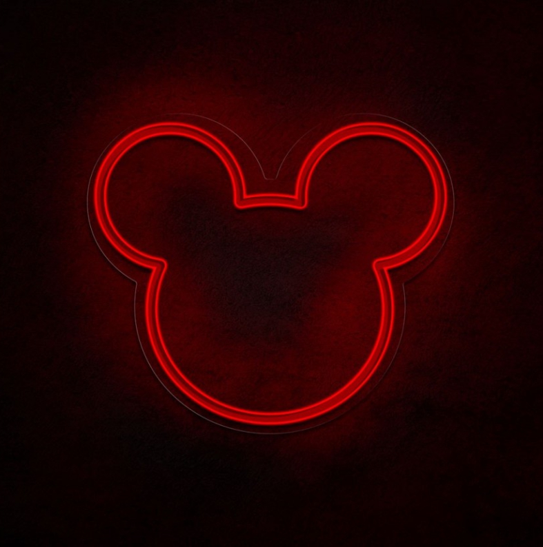 NeonLED | Rato Mickey Neon vermelho em forma de rosto com orelhas arredondadas numa parede escura