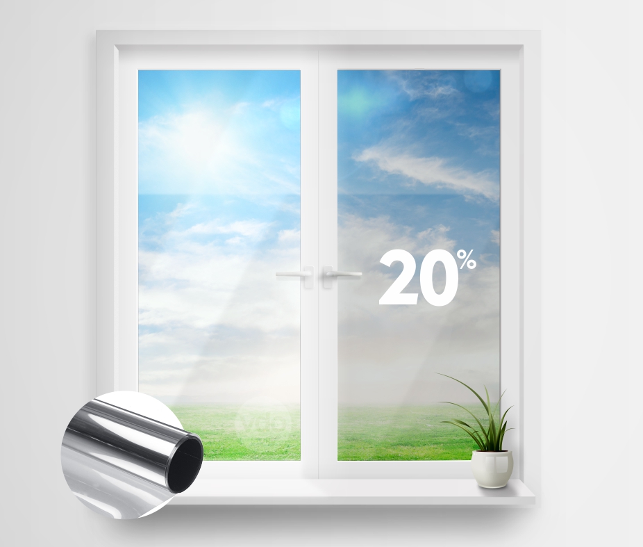 20% Opacidade | Espelhado PRATA Janela dupla branca com texto 20% e vaso com planta