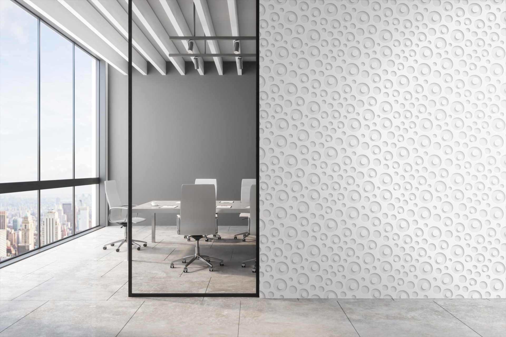 008 Sala de conferências moderna com vidro e paredes texturizadas