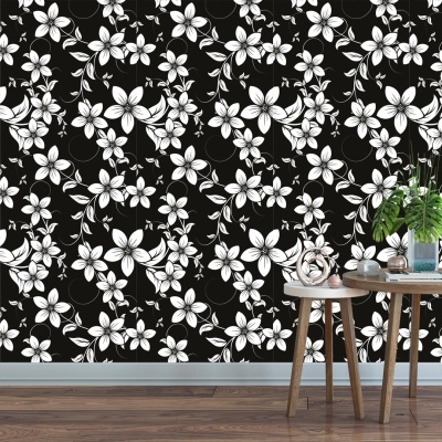 Papel de parede floral branco sobre fundo preto