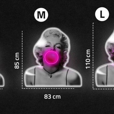 Três imagens da mesma mulher em diferentes tamanhos com medidas em cm e círculo rosa no centro do rosto.