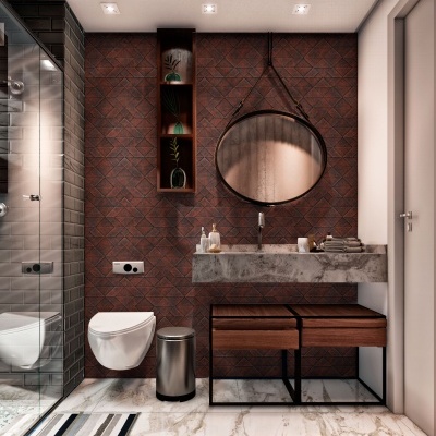 Casa de banho moderna com sanita suspensa, bancada de mármore cinzento, espelho redondo e parede texturada castanha