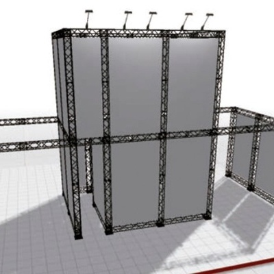 Estrutura metálica com painéis cinza e refletores no topo sobre piso quadriculado branco