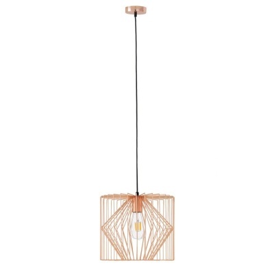 Lustre pendente de metal cor cobre com design geométrico e lâmpada visível no centro
