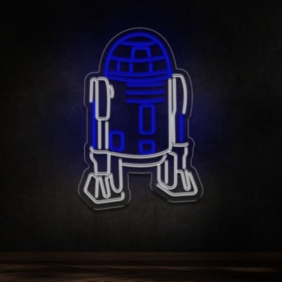 Luz de néon robô R2-D2 azul e branco na parede escura com chão de madeira