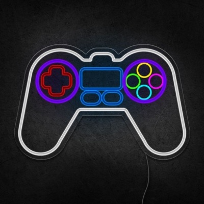 Controle de videojogo em neon colorido com fundo preto