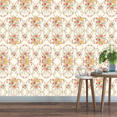 Papel de parede floral vintage com padrão circular repetitivo e mesa com plantas