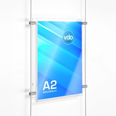 Moldura acrílica transparente para parede com painel azul e branco a indicar A2 420x594mm
