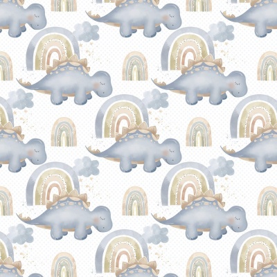 Padrão infantil com dinossauros azuis e arcos-íris pastel