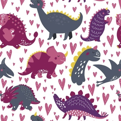 Padrão de dinossauros roxos, cinzentos e rosas com corações num fundo branco