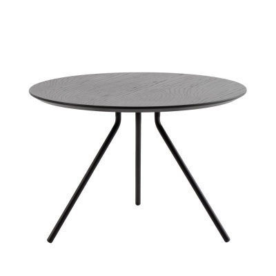 Mesa redonda preta com três pernas finas