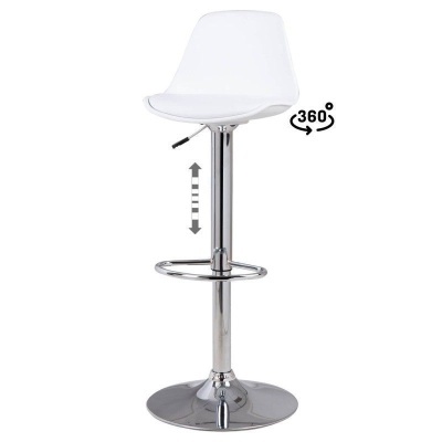 Banco alto branco com estrutura metálica cromada e assento ajustável.
