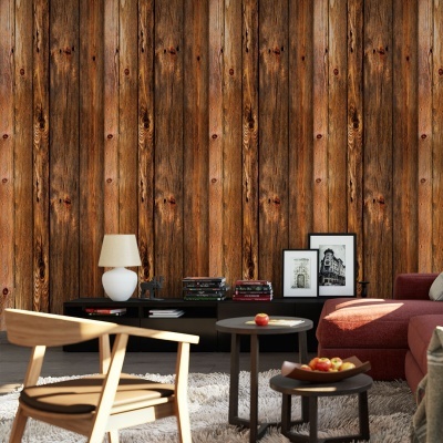 Sala de estar com parede de madeira escura, sofá terracota, mesa de centro preta com maçãs, cadeira de madeira clara e tapete branco