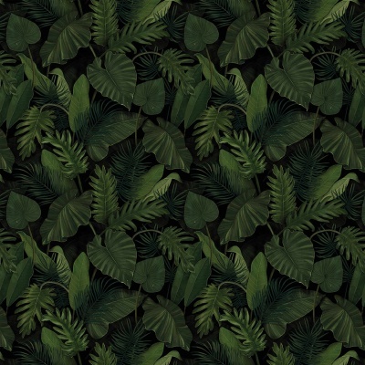 Padrão de folhas tropicais verdes em fundo preto