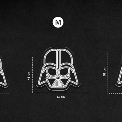 Três máscaras de Darth Vader em linhas brancas com tamanhos S, M e L sobre fundo preto