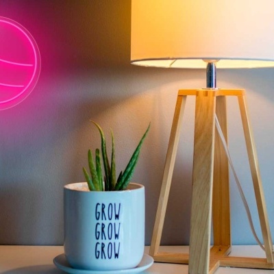 Luz néon de pirulito, candeeiro de madeira, vaso com planta e lâmpada esférica