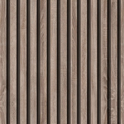 Painel decorativo de madeira com barras verticais espaçadas em tons castanho claro e cinza