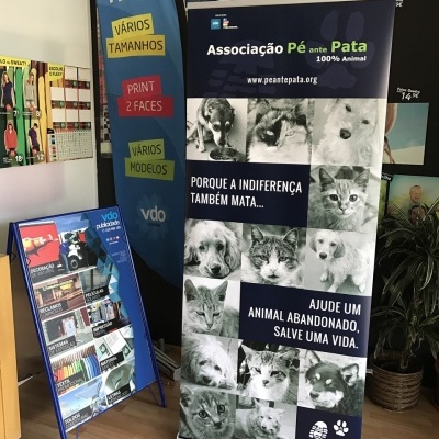 Banner de associação animal com fotos de cães e gatos em preto e branco sobre fundo azul e branco num escritório